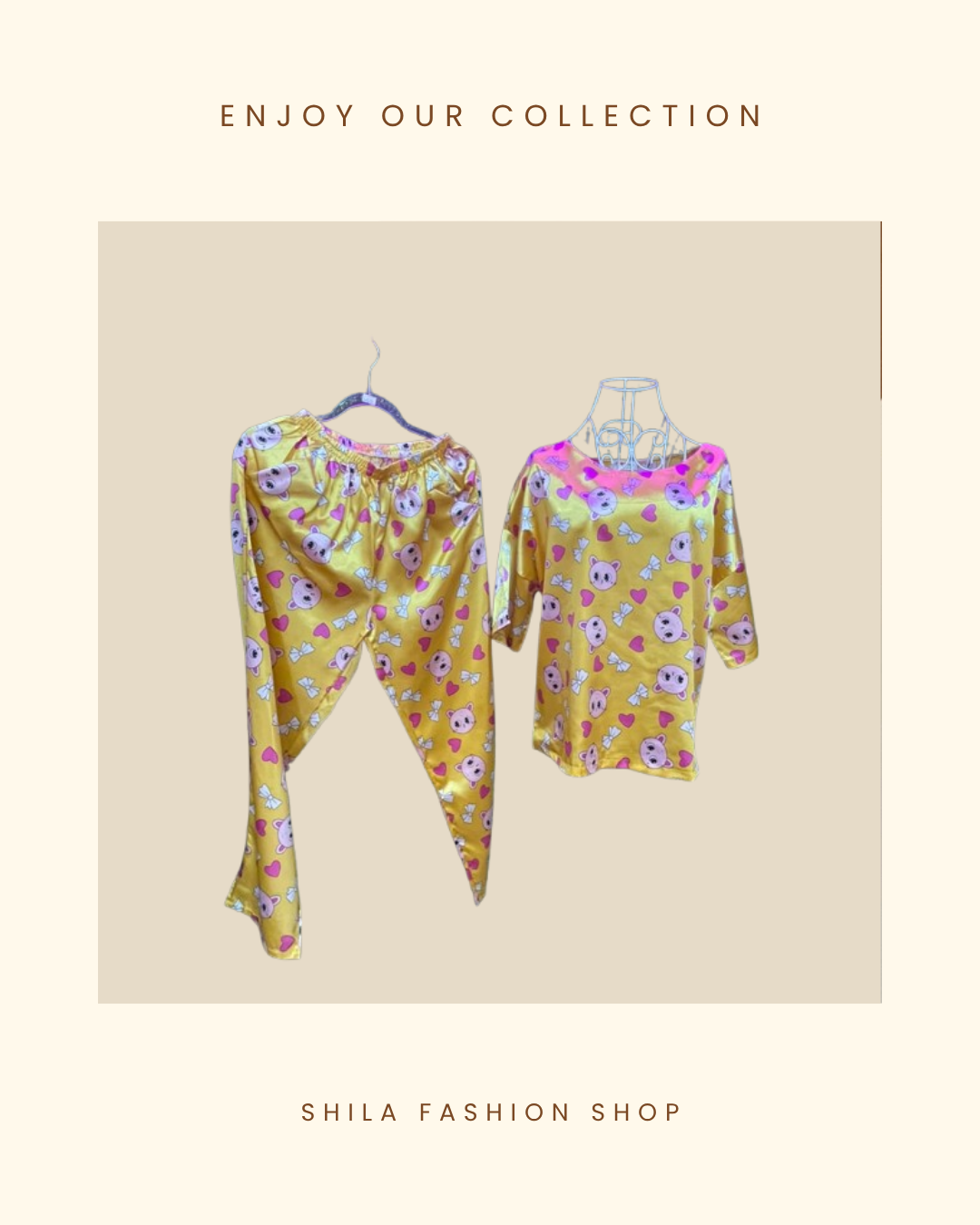 Cute Bear Yellow Satin Pajamas Set