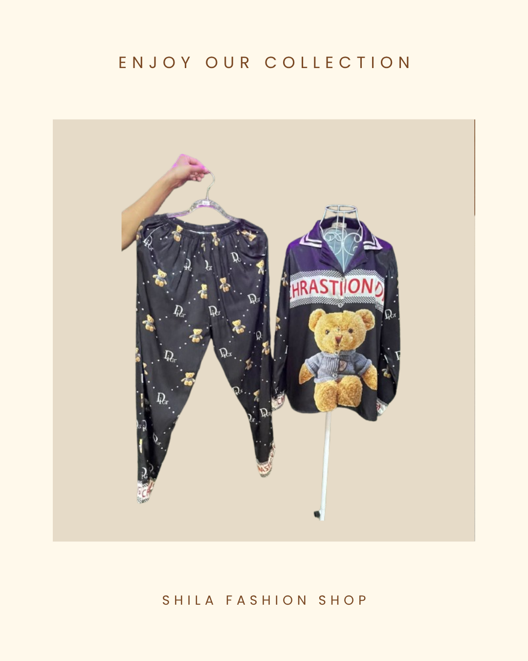 Teddy Bear Printed Black Satin Pajamas Set