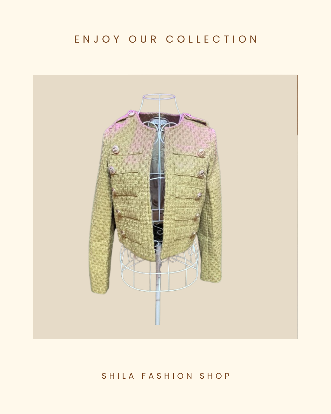 Luxury Military-Style Open Tweed Jacket